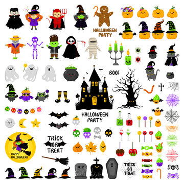 Halloween cute icons vector set. Cartoon style. Kawaii. Trick or treat. Holiday symbols, characters, costumes, sweets. Funny illustration. For postcards, posters, flyers. Isolated on white background.