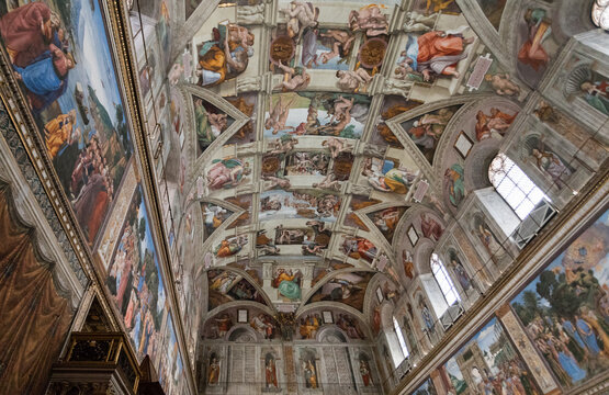 Interior Of The Sistine Chapel Painted By Michelangelo In Vatican City