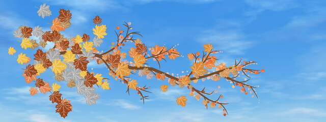 Autumn tree branch in the sky background by day - 3D render