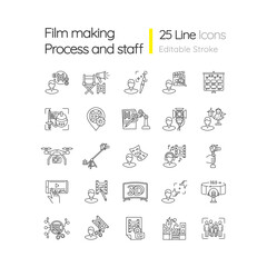 Film making process and staff linear icons set. Art director. AI written screenplay. Hollywood actor. Customizable thin line contour symbols. Isolated vector outline illustrations. Editable stroke