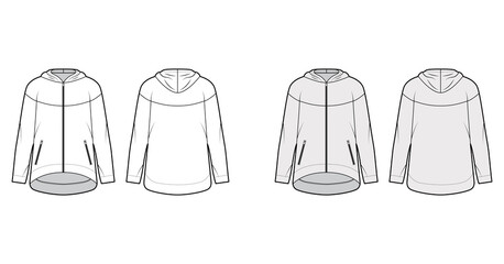 Zip-up oversized cotton-fleece hoodie technical fashion illustration with zipper jetted pockets, relaxed fit, long sleeves. Flat jumper template front, back, white grey color. Women sweatshirt top CAD