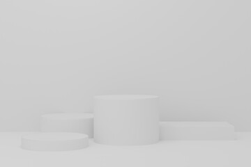 3d illustration with geometric step white cylinder podium platform for cosmetic product presentation.Mock up design empty space. Abstract composition in background modern style