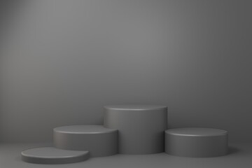 3d illustration with geometric step grey cylinder podium platform for cosmetic product presentation.Mock up design empty space. Abstract composition in background modern style