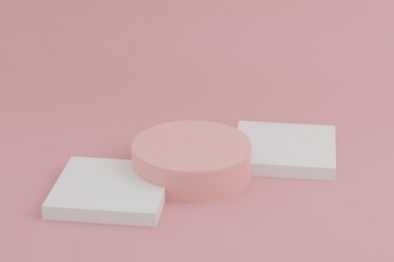 Pink steps cube & cylinder podium platforms for cosmetic product presentation. 3d rendered illustration with geometric shapes. mock up minimal design with empty space. Abstract composition modern