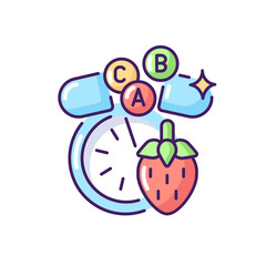 Vitamins and minerals RGB color icon. Pharmaceutical supplement for dietary. Fruit for healthy eating. Micronutrient in foodstuff. Medical pill and drug for diet. Isolated vector illustration