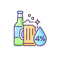 Alcohol RGB color icon. Beverage in bottle. Spirit with alcoholic percent. Beer glass. Drink in mug. Pub menu. Bar product. Whiskey and vodka. Unhealthy food. Isolated vector illustration