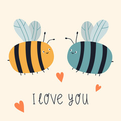 Cute cartoon love bees with lettering I love you. Vector flat illustration. Greeting card for Valentine's day. Great design element for sticker, patch or poster. 