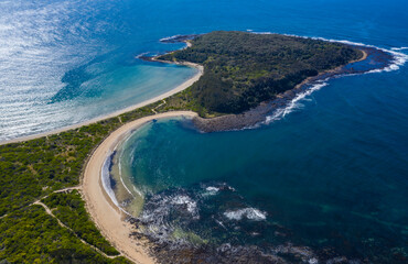 Fototapeta na wymiar Panoramic aerial view of Broulee Island at Broulee near Batemans Bay on the New South Wales South Coast, Australia 