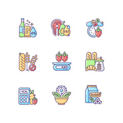 Foodstuff for nourishment RGB color icons set. Alcohol drink. Good fats. Vitamin and mineral supplement. Gluten free. Serving information. Calorie count. Isolated vector illustrations