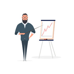 A man with a pointer points to a slide. The guy shows the report. Board for paper. Isolated. Vector.