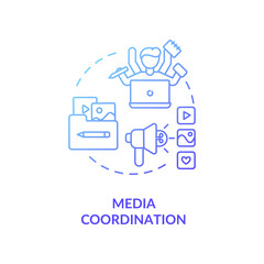 Media coordination concept icon. Social media event coverage idea thin line illustration. Multitasking. Marketing strategy management. Promotional campaign. Vector isolated outline RGB color drawing
