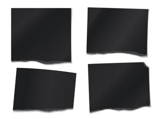 Set of torn black note, notebook paper pieces stuck on white background. Vector illustration