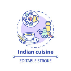 Indian cuisine concept icon. Delicious traditional spicy meals. National menu from india. Variety of foods idea thin line illustration. Vector isolated outline RGB color drawing. Editable stroke