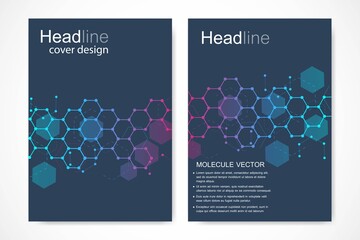Scientific brochure design template. Vector flyer layout, Molecular structure with connected lines and dots. Scientific pattern atom DNA with elements for magazine, leaflet, cover, poster design.