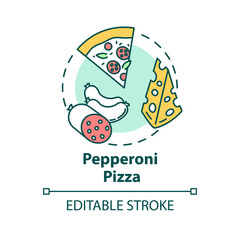 Pepperoni pizza concept icon. Hot pizzeria meal. Delicious sausages and creamy cheese. Spicy dishes idea thin line illustration. Vector isolated outline RGB color drawing. Editable stroke