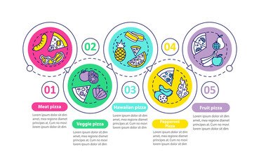 Top pizza types vector infographic template. Italian culinary presentation design elements. Data visualization with 5 steps. Process timeline chart. Workflow layout with linear icons