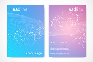 Scientific brochure design template. Vector flyer layout, Molecular structure with connected lines and dots. Scientific pattern atom DNA with elements for magazine, leaflet, cover, poster design.