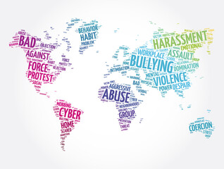 Obraz na płótnie Canvas Bullying word cloud in shape of world map, concept background