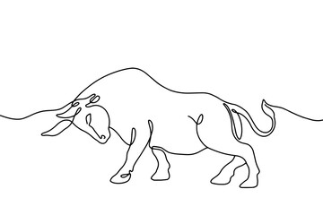 Symbol of the upcoming New Year 2021, trending modern vector linear illustration with a bull. Simple image on white background for holiday invitation, banner, postcard, logo& Doodle silhouette style