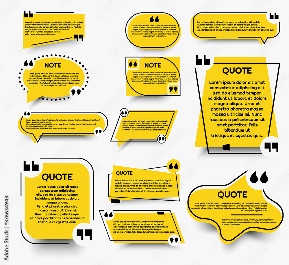 Fototapete Set of yellow quotebox vector banner templates with quotation marks for dialog or business.