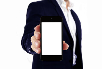 Man in suit holding blank smartphone