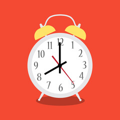 Alarm clock red wake-up time isolated on background in flat style. Vector illustration