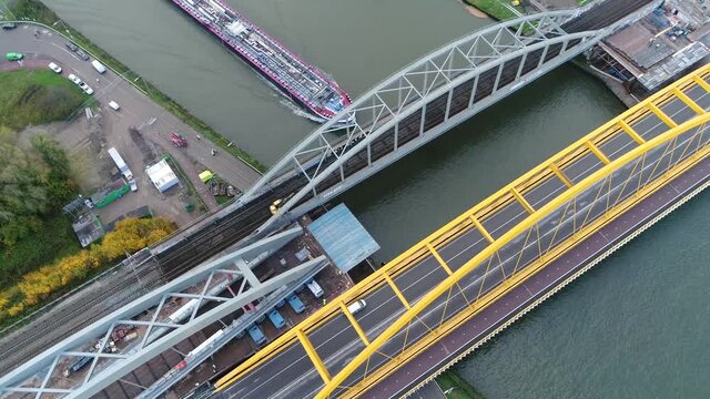 Aerial view of bridge construction work the object was driven to its final berth and placed across the Amsterdam-Rhine Canal with the help of pontoons and 600 wheels very ambitious Dutch project 4k