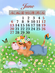 calendar with the symbol of the year bull for June