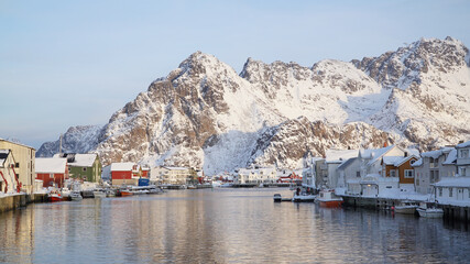 Cold white winter mountain landscapes seen from the Henningsvaer Stadium on the Lofoten Island, Norway.