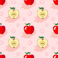 Seamless pattern with hand drawn apple and a half of it with pink background. Good endless print.