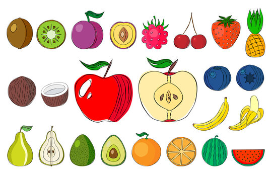 A set of hand drawn fruits isolated on white background. Unique style, good for projects.
