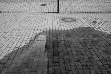 Puddle on pedestrian walkway. Black and white