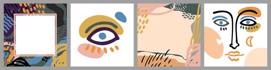 Set with faces, lips, noses, eyebrows drawn in a line with abstract spots, shapes in a trendy style. Banners template for advertising, social media, cosmetics and makeup covers. Vector illustration.