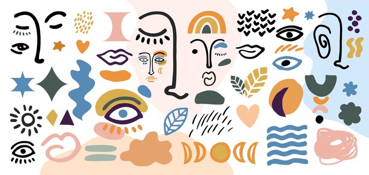 Big set with faces, lips, noses, eyebrows hand drawn in a line with abstract cut out pots, shapes in a trendy style. Elements for advertising, social media, beauty salon. Flat vector illustration.