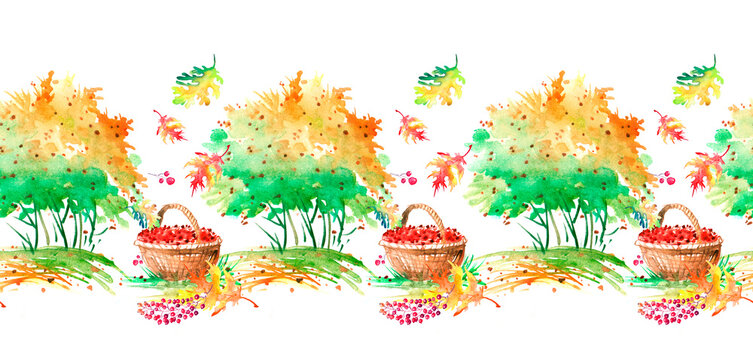 Watercolor drawing - a bush, a berry, a tree, a landscape. Basket with berries. Seamless linear border for design and decoration.Green tree, apple tree. Yellow, green and orange colors.