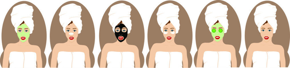 a beautiful girl with big lips, with a plaster against black dots on her nose, in a black mask on her face, with pieces of cucumbers, with patches, in a large white towel on her head. vector set 