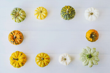 Colorful mini pumpkins of different colors on white background.