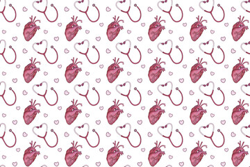 Seamless pattern of heart red color. Hand drawn watercolour painting on white background clip art graphic elements for creative design and printable decor, for design, logo, medical reference book.