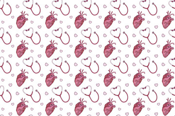 Seamless pattern of heart red color. Hand drawn watercolour painting on white background clip art graphic elements for creative design and printable decor, for design, logo, medical reference book.