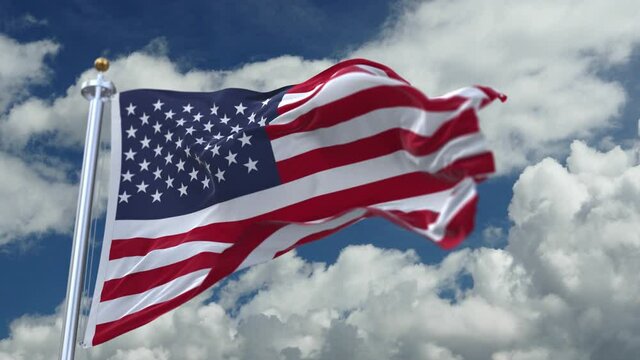 looping flag of USA with flagpole waving in wind;timelapse rolling clouds background.A fully digital rendering.