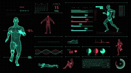 Futuristic HUD panel with 3D human fitness models and other health metrics - Powered by Adobe