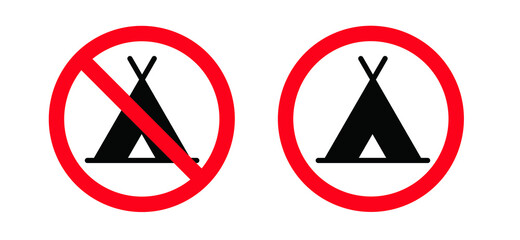 No camper. No camping icon. Silhouette of a trailer, a house on wheels. No camping tent,  cars and caravans forbidden sign. Stop halt allowed Do not enter, no ban signs. Prohibited icons.