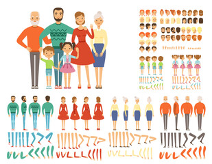 Big family. Mascot creation set characters father mother grandparents daughter son body parts and poses for 2d animation. Vector family mother and father, happy face and gesture kit illustration