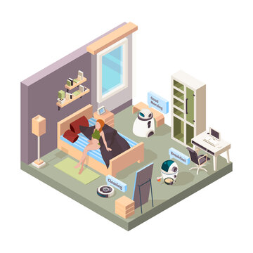 Household robots. Future domestic vehicles man robotic cleaner working in interior smart technology vector illustration. Robot housework technology, machine robotic future