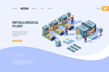 Steel factory landing. Metallurgy manufacturing industry vector business web page template. Factory industry, manufacturing production, industrial engineering metalwork illustration