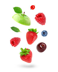 Fruits and berries. Mixed fruits on white background. Fruits falling