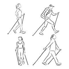 Continuous line drawing. A young woman walks on foot with walking sticks. Nordic walking, vector sketch illustration