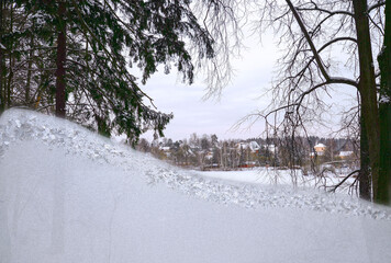 View  from frosted window in winter