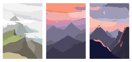 Set of decorative vertical landscape posters. Mountains, forests, sky, clouds cut out in simple shapes. Universal backgrounds for the cover, notebook, book, magazine. Wall decor. Vector illustration.