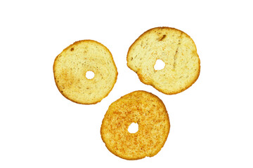 Round toasts of white bread on an isolated white background